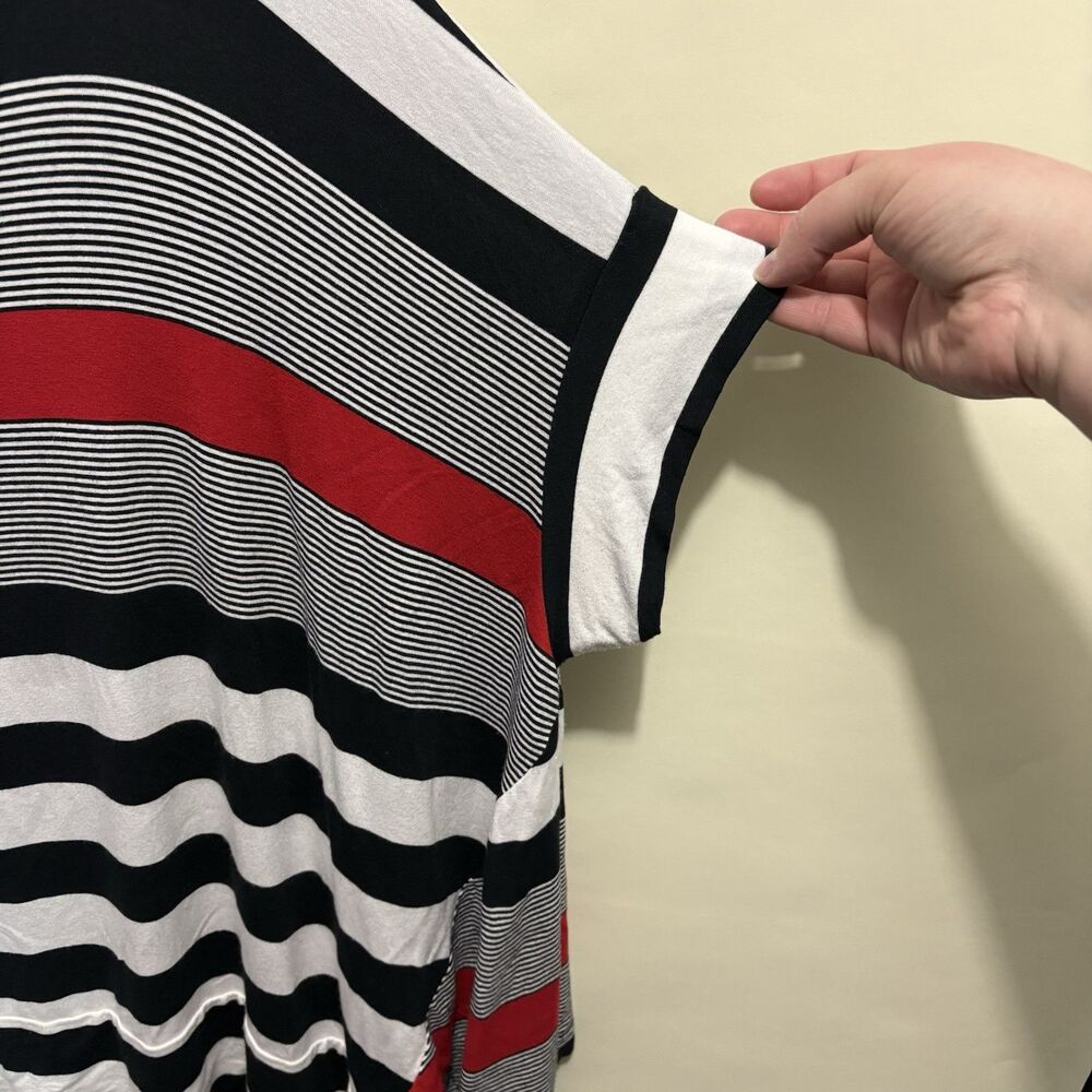 Alembika Jersey Knit Tunic Top Medium Red Black White Stripe Lagenlook Artsy - Picture 2 of 9